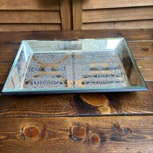 Rectangular Mirrored Tray with‎ Damask Pattern and Beveled Edges